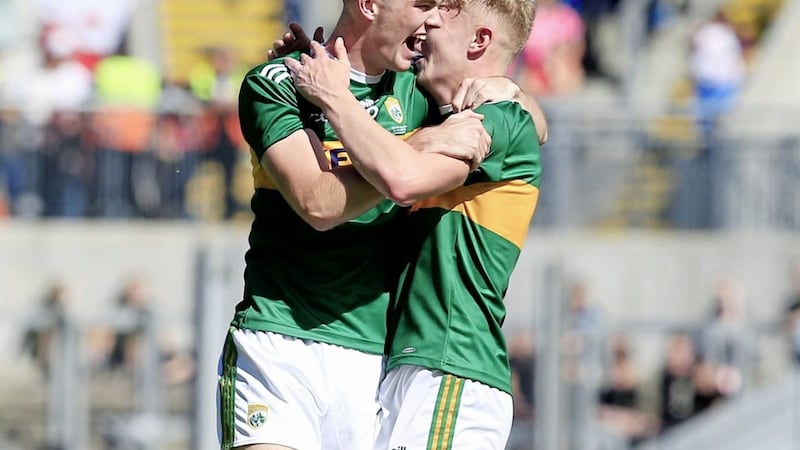 Kerry's minor players celebrate a football five in-a-row after beating Galway at Croke Park yesterday