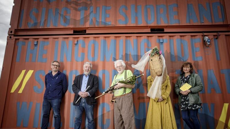 John McIlDuff of Dumbworld, composer Neil Martin of Snow Water, Armagh Rhymers Dara Vallely and Anne Hart, and Paula McFetridge of Kabosh at the launch of Embrace The Place at the Titanic Slipways in Belfast 