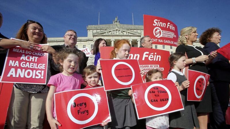 Irish speakers gathered at Stormont calling for an Irish Language Act earlier this year. Picture by Mal McCann
