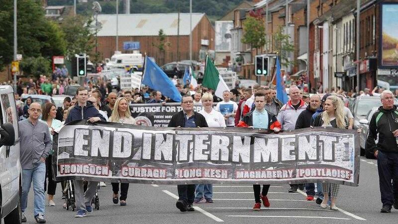 The anti-internment parade approaches a police roadblock at Oldpark shortly after leaving from Ardoyne last August. Picture by Cliff Donaldson 