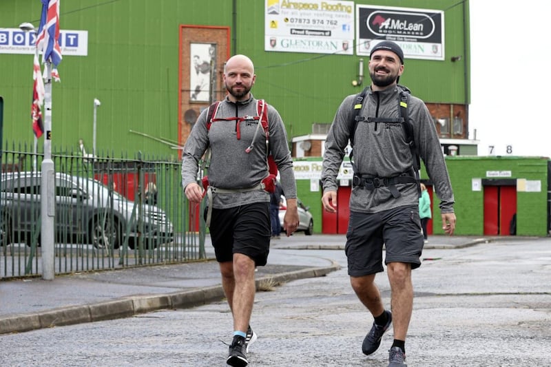 Chris Kirk, pictured left, and Gareth Brown embarked on their 210-mile Stride the Stadia challenge last week, hiking between every Irish Premiership ground to raise funds for the Sport Changes Lives charity. Picture by Mal McCann 
