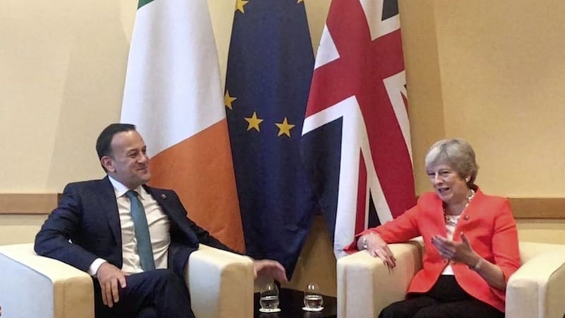 Taoiseach Leo Varadkar and Prime Minister Theresa May during a meeting of EU leaders in Salzburg in Austria 