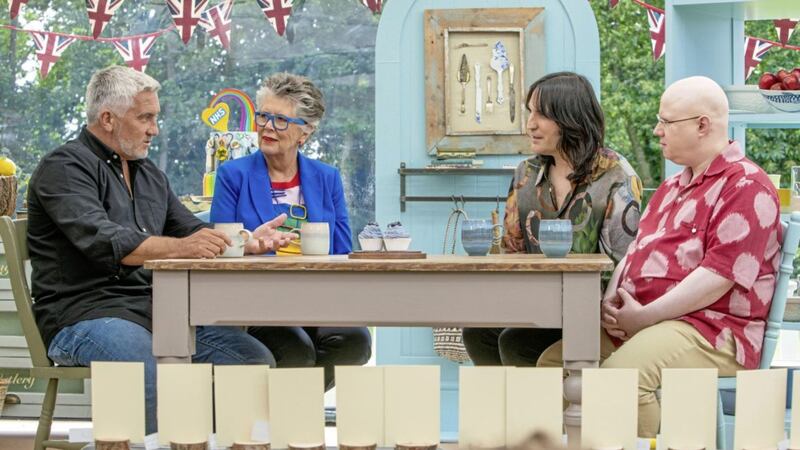 The Great British Bake Off judges Paul Hollywood and Prue Leith with presenters Noel Fielding and Matt Lucas 