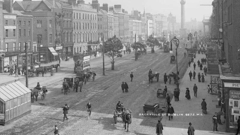 Looking south along Sackville Street, the GPO visible on the right, before the Easter Rising (Courtesy National Library of Ireland) 