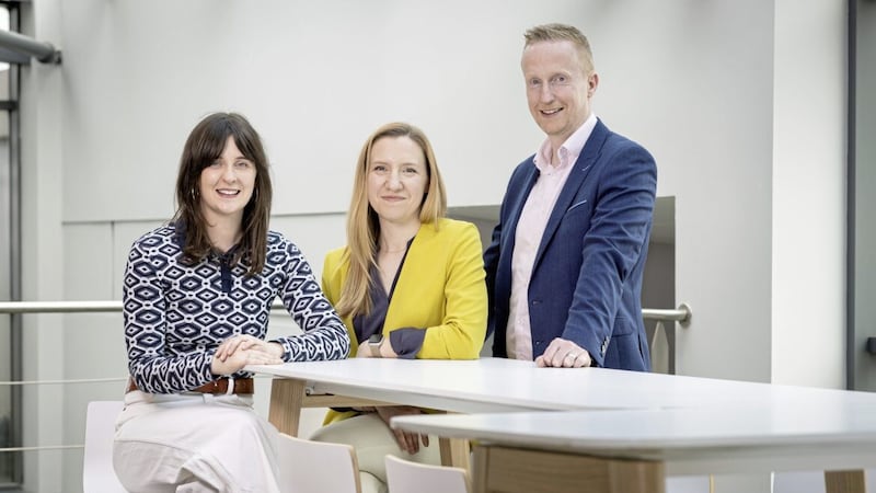 Announcing the finalists of Invent 2023 are Invent programme manager Meg Magill; Fiona Bennington, Catalyst&rsquo;s head of entrepreneurship and previous Invent finalist; and Niall Devlin, head of business banking NI at Bank of Ireland 