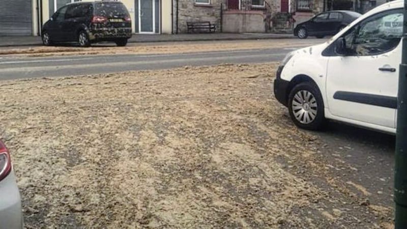 Waste covers the road in Aughnacloy yesterday. Picture by Rhonda Montgomery. 