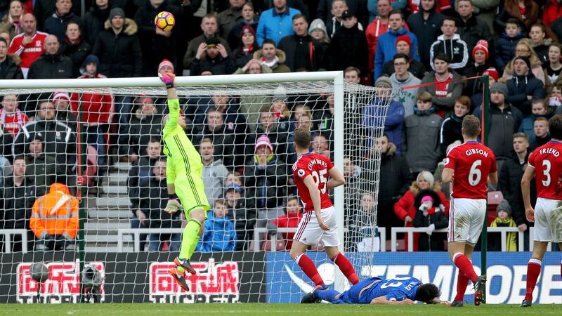 Middlesbrough goalkeeper Brad Guzan saves a late header from Leicester City's Leonardo Ulloa during Monday's Premier League match at the Riverside<br />Picture by PA