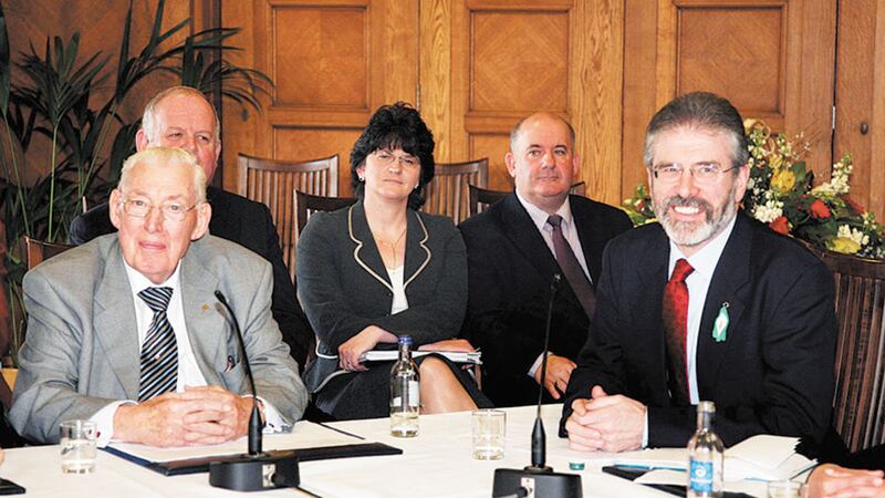 Ian Paisley and Gerry Adams pictured in 2007 after holding face-to-face talks. Arlene Foster sits behind Mr Paisley&nbsp;
