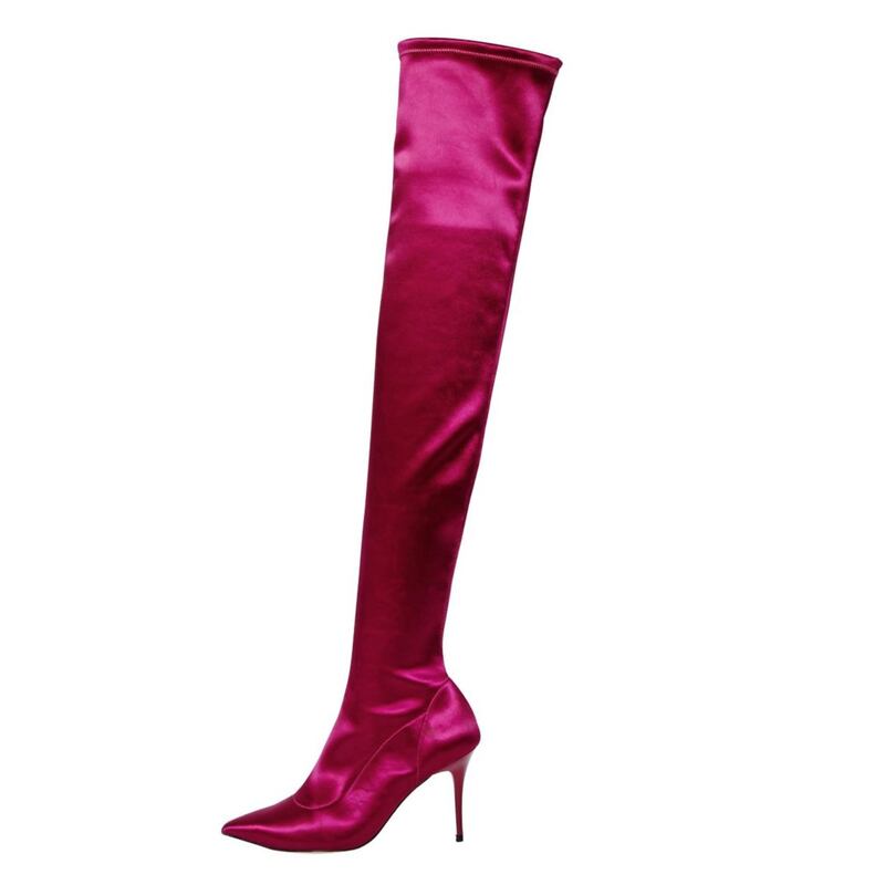 Office Kiss and Tell Berry Satin Stretch Over the Knee Boots, &pound;120, available from Office