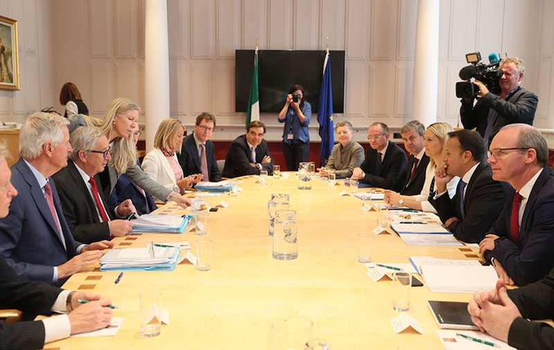 President of the European Commission, Jean-Claude Juncker (third left) and Michel Barnier, EU Chief Negotiator for Brexit (second left) during a meeting with Taoiseach, Leo Varadkar (second right) at Government Buildings, during his visit to Dublin&nbsp;