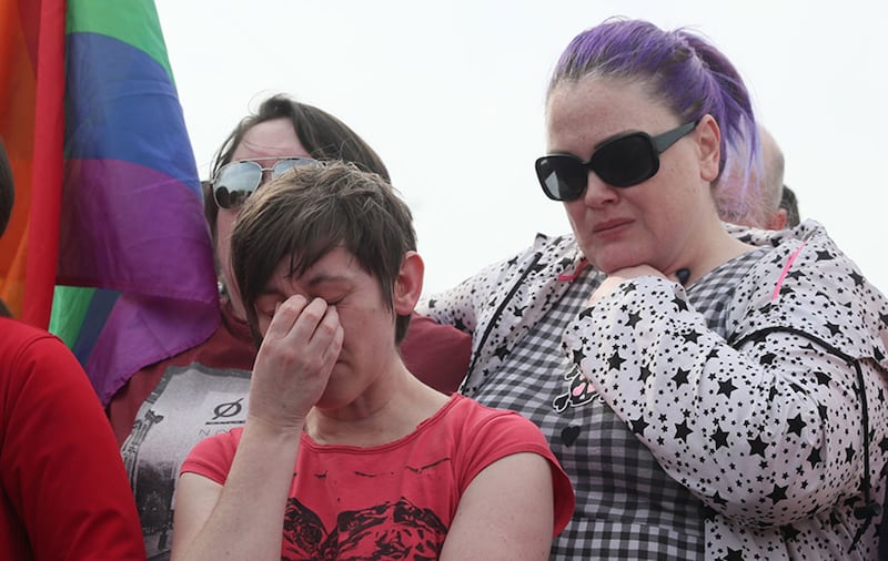Friends of murdered 29-year-old journalist Lyra McKee at the rally in Derry. Picture by Brian Lawless/PA Wire&nbsp;