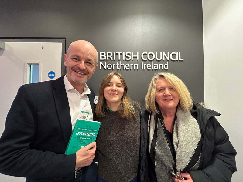 Ukrainian filmmaker Anastasiya Gruba pictured with Colm McGivern, director British Council Northern Ireland and Michelle Devlin, director Belfast Film Festival