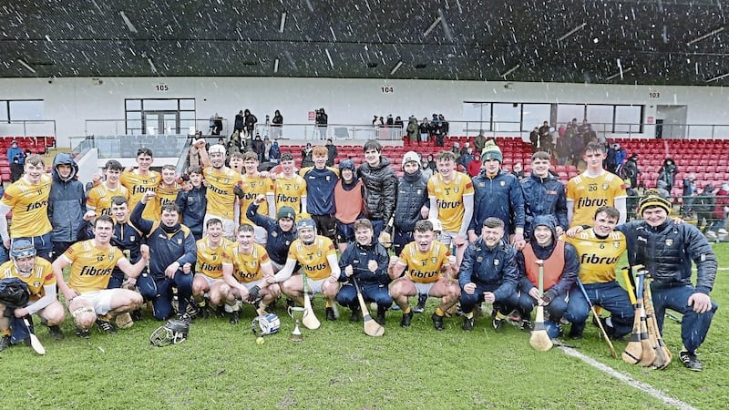 Antrim celebrate after beating Derry in the Ulster U20 Hurling Championship final at Owenbeg in March Picture by Margaret McLaughlin 