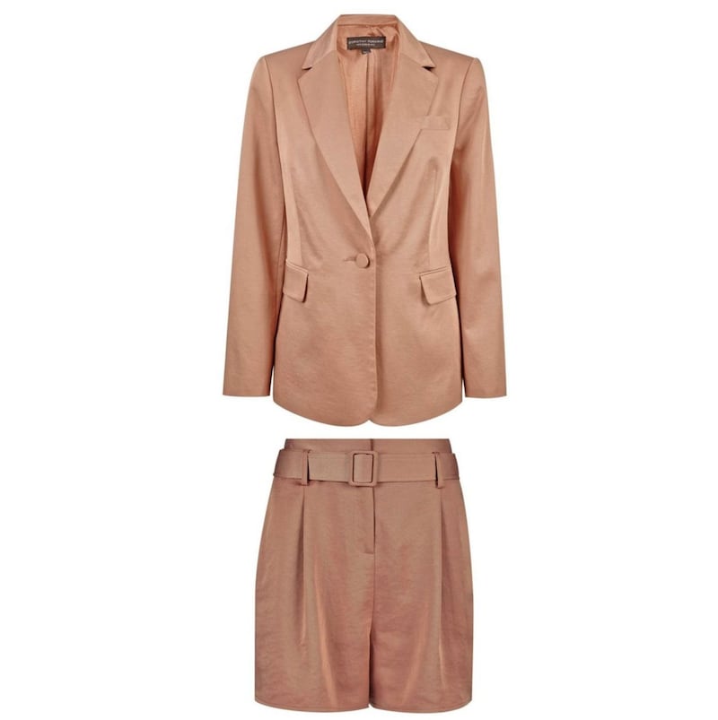 Dorothy Perkins Pink Shimmer Blazer, &pound;12 (was &pound;45); Pink Belted Shimmer Shorts, &pound;8 (were &pound;28), available from Dorothy Perkins
