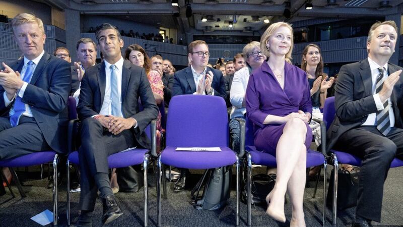 There was no handshake of commiseration for defeated candidate Rishi Sunak when Liz Truss was announced as the new leader of the Conservative party and next British prime minister. Photo: Stefan Rousseau/PA Wire. 