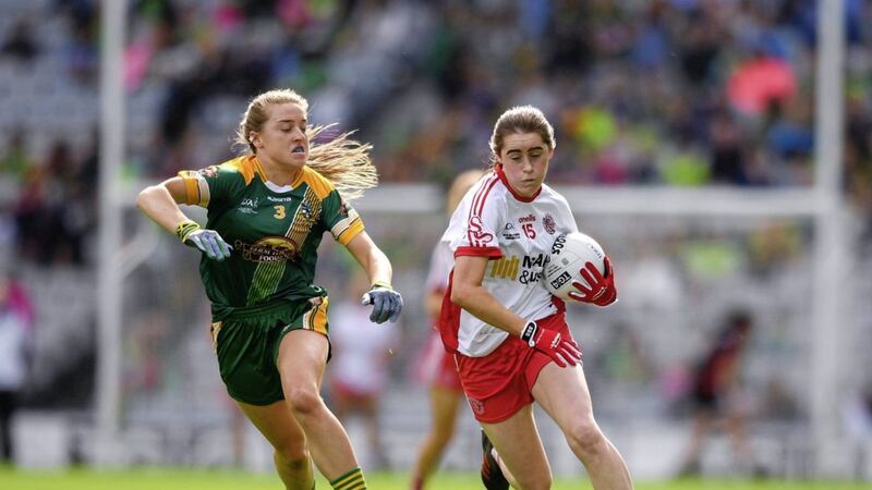 16 September 2018: Chloe McCaffrey of Tyrone in action against Orlagh Lally of Meath during the TG4 All-Ireland Ladies Football Intermediate Championship Final match between Meath and Tyrone at Croke Park, Dublin. Picture by E&oacute;in Noonan/Sportsfile. 
