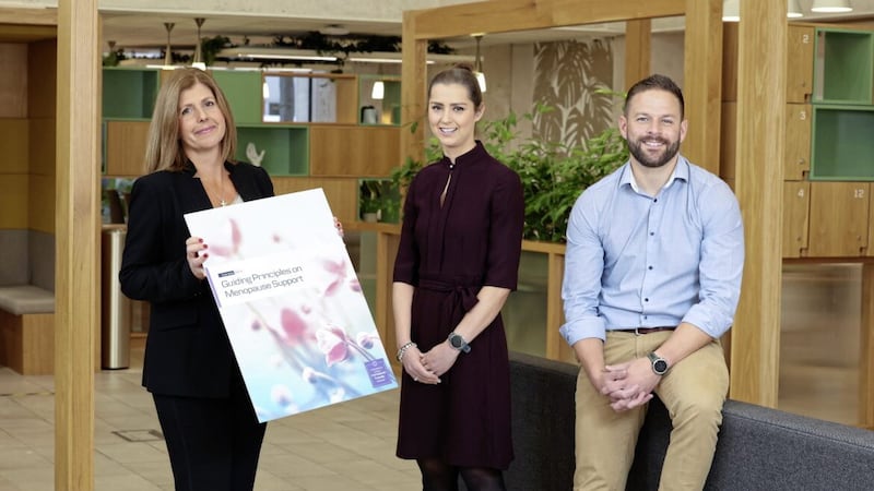 Danske Bank&rsquo;s HR director Caroline van der Feltz (left) with eployment lawyer Jenny Moore and wellbeing consultant David Moore, launching the lender&rsquo;s new menopause policy. 