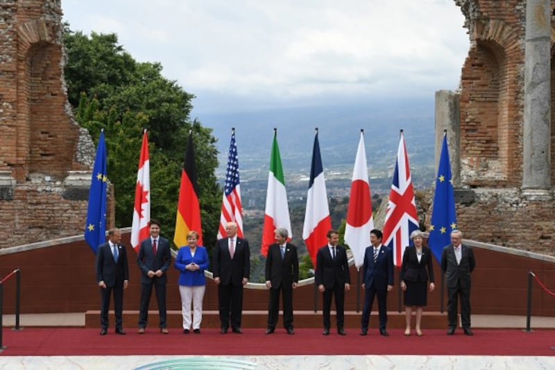Donald Trump with world leaders at G7 summit last week.