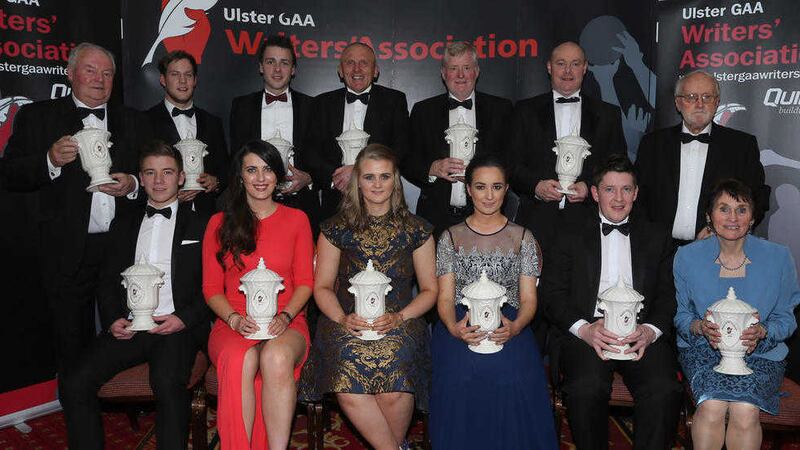 Award winners (back row, l-r): PJ Magowan who accepted the Services to GAA award on behalf of Jack Hannigan, Ciar&aacute;n McGeary of the Tyrone U21 All-Ireland-winning team, Hurler of the Year Damian Casey, Frank McManus who received the Male Footballer of the Year award on behalf of his son Conor, Monaghan manager Malachy O&rsquo;Rourke who received the Personality of the Year award, Mackey  Rooney from Scotstown who received the Culture Award along with his wife Pauline (front right); (front row l-r) Mark Bradley from Tyrone who won the Young Achiever of the Year Award, Eimear Gallagher who accepted the Ladies' Senior Football award on behalf of her Donegal team-mate Geraldine McLaughlin, Aisling Reilly from Antrim who won the Handball award, Camog of the Year Karen Kielt, Fermanagh PRO Pauric McGurn, who won the Communications Award <br />Picture by John McIlwaine