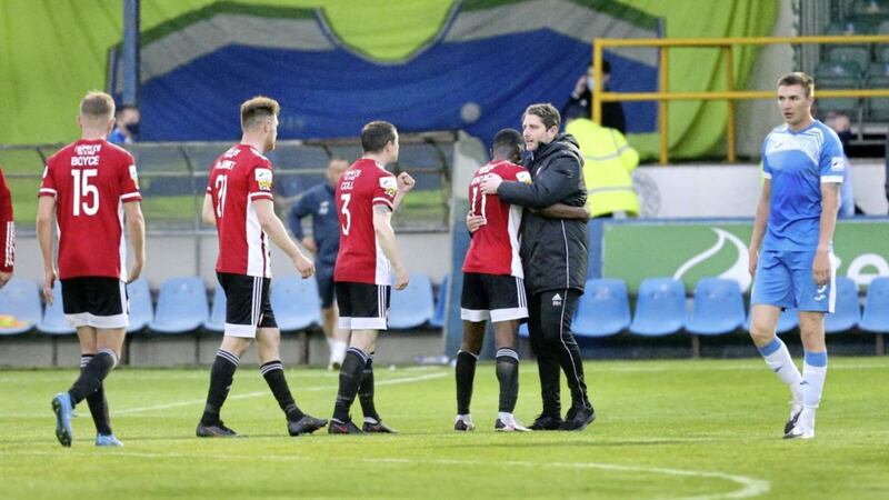 Derry City manager Ruaidhri Higgins (right) was delighted to see his side finally record their first home win in the SSE Airtricity Premier Division on Wednesday night 								Picture: Margaret McLaughlin
