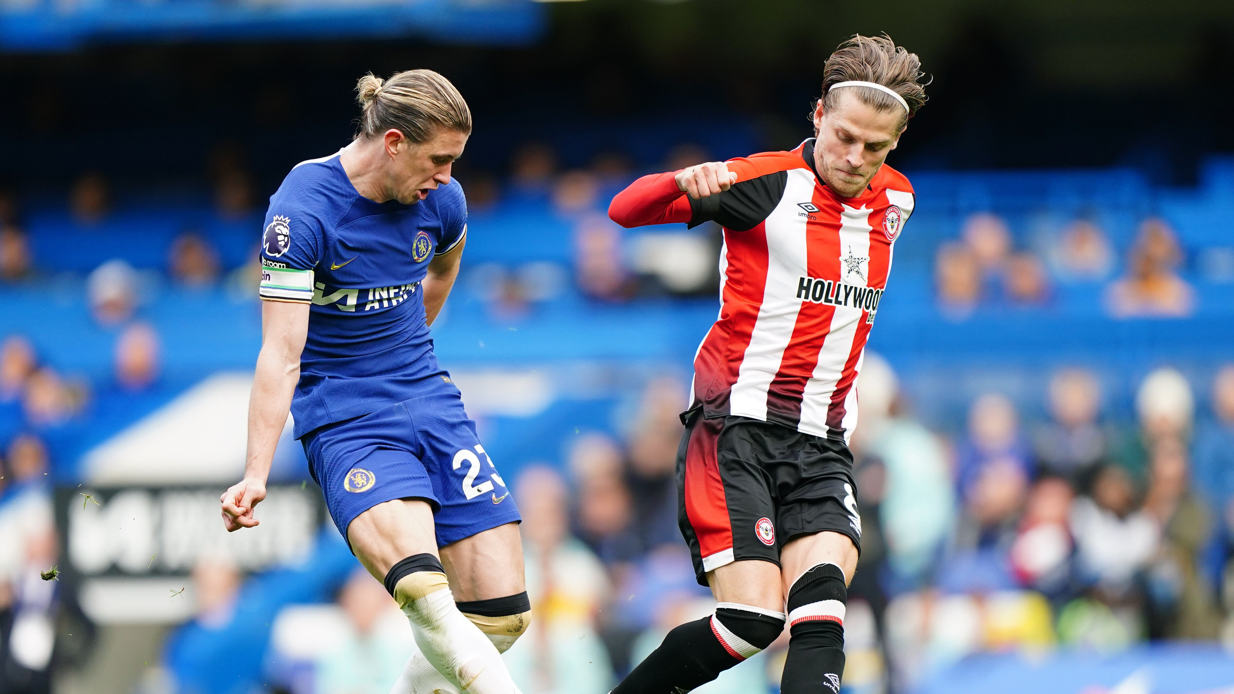 Chelsea’s Conor Gallagher and Brentford’s Mathias Jensen battle for the ball (Zac Goodwin, PA)