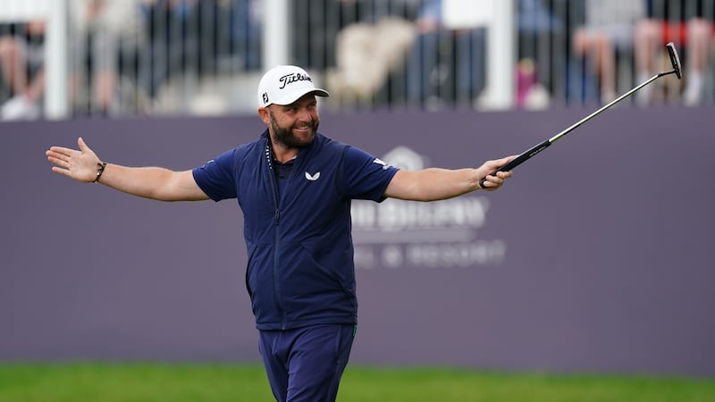 England’s Andy Sullivan celebrates making a birdie on the 18th hole in round three of the Betfred British Masters at The Belfry (David Davies/PA)