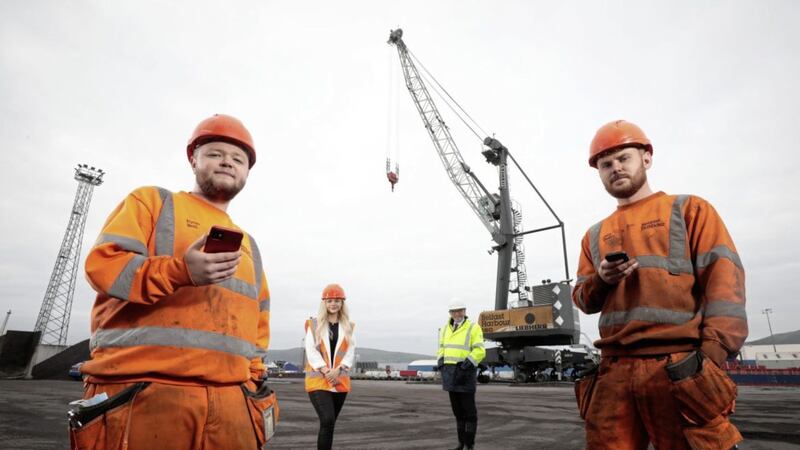 Belfast Harbour apprentices Ryan Ball (left) and Jack Quiery (right) join Robyn Wilson from Techstart and Mark Gibson from BT to launch a new competition to win &pound;75,000 for designing an innovative new technology solution for use in the port. Picture: Kelvin Boyes 