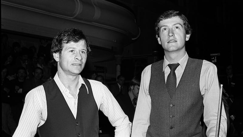 Belfast snooker legend Alex Higgins (left) with another snooker great, Steve Davis