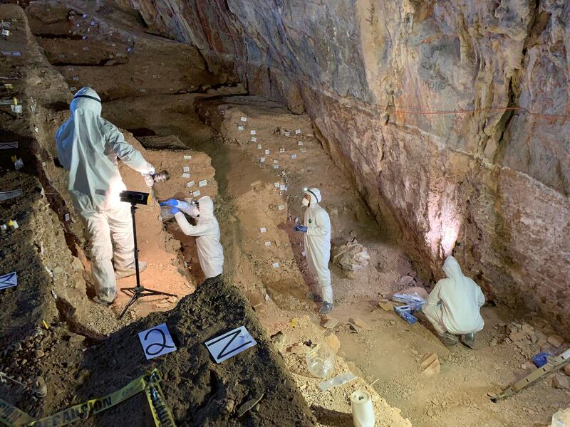 Researchers take samples from different cultural layers in a cave in Zacatecas, central Mexico 