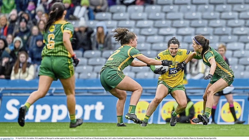 Geraldine McLaughlin of Donegal in action against Katie Newe and Niamh O'Sullivan of Meath during the Lidl Ladies Football National League Division One Final at Croke Park in April. The Tir Chonaill ladies will be looking to exact revenge on the Royals in Saturday's All-Ireland semi-final Picture: Brendan Moran/Sportsfile 
