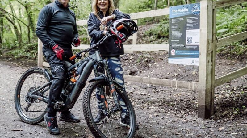 Belfast Mayor Christina Black and Bern McClure, chairman of the Cavehill Mountain Bike Club, help launch the first official mountain bike trail in Cave Hill Country Park 