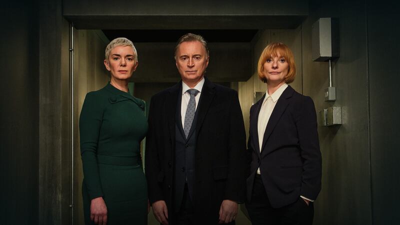 Robert Carlyle as Prime Minister Robert Sutherland, Victoria Hamilton as Chief of Staff Anna Marshall and Jane Horrocks as Defence Secretary Victoria Dalton in Cobra: Rebellion