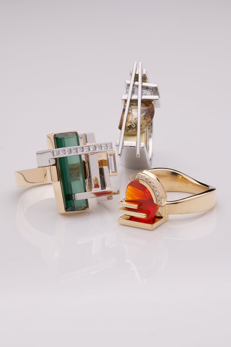 Colourful stone-set rings showcasing Steensons’ distinctive jewellery designs.
