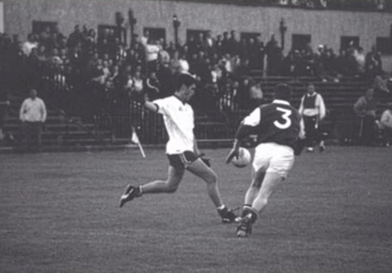 Frankie Wilson in action for Lamh Dhearg against Cargin during his Gaelic football heyday 