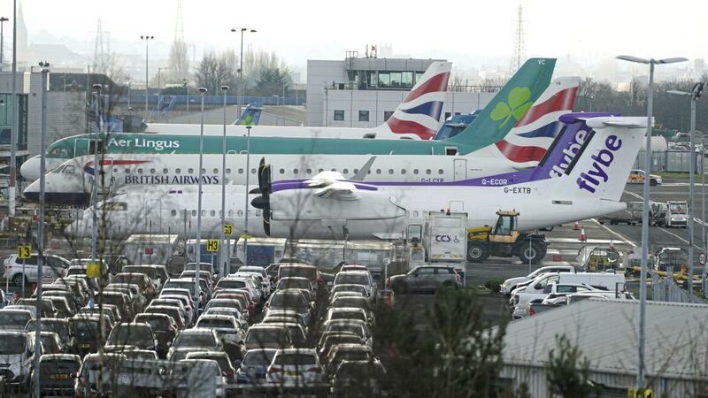 Flybe planes parked at Belfast City Airport next to rival Emerald Airlines and British Airways aircraft. Picture by Brian Lawless/PA Wire. 