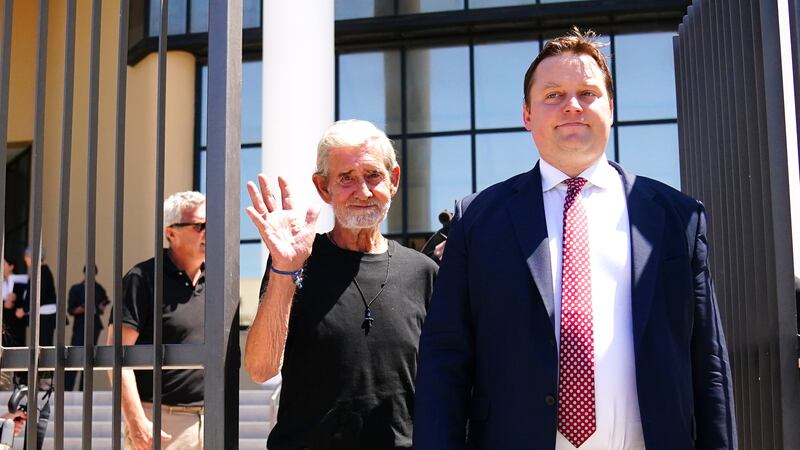 David Hunter (left) with Michael Polak, director of Justice Abroad, leaves Paphos District Court after he was released from custody by Cypriot prison authorities (Victoria Jones/PA)