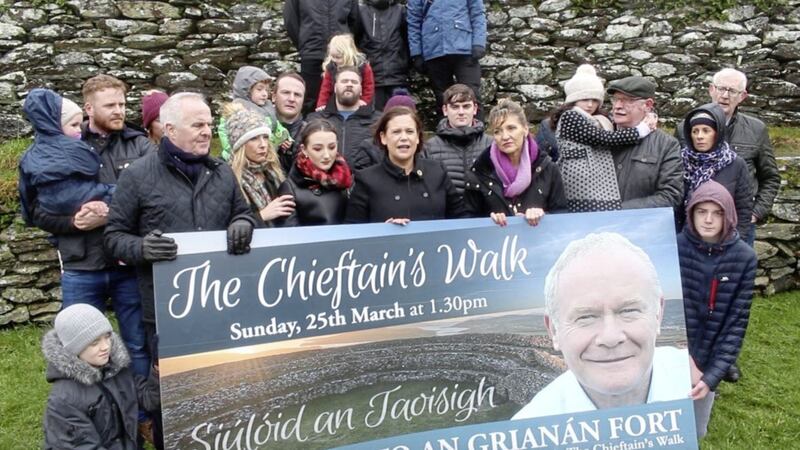 Sinn F&eacute;in president elect Mary Lou McDonald (centre) was among those at the launch of the Chieftain&#39;s Walk yesterday. The charity walk is taking place in memory of Martin McGuinness 