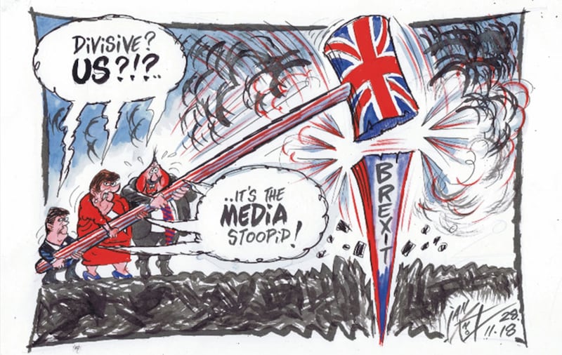 Ian Knox cartoon 28/11/18: Arlene Foster accuses the media of trying to drive a wedge between her party and businesses over Brexit&nbsp;
