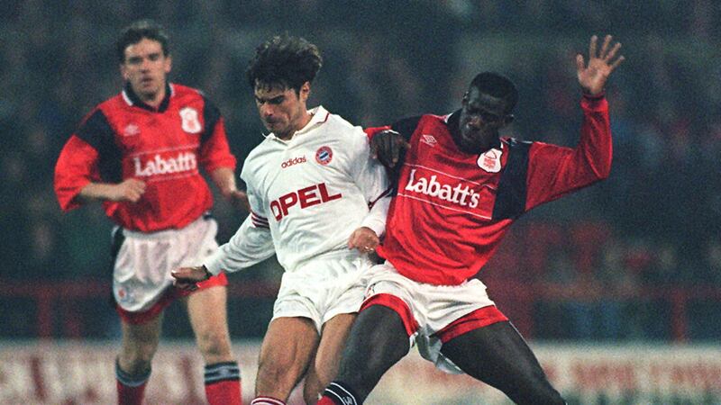 Chris Bart-Williams in UEFA Cup action for Nottingham Forest against Bayern Munich (Rui Vieira/PA).