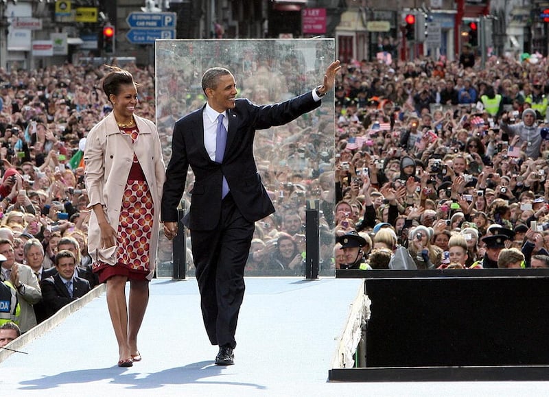 US President Barack Obama with First Lady Michelle Obama after he gave a speech in College Green, Dublin, during his visit to Ireland at the start of a week-long tour of Europe. Picture date: Monday May 23 2011