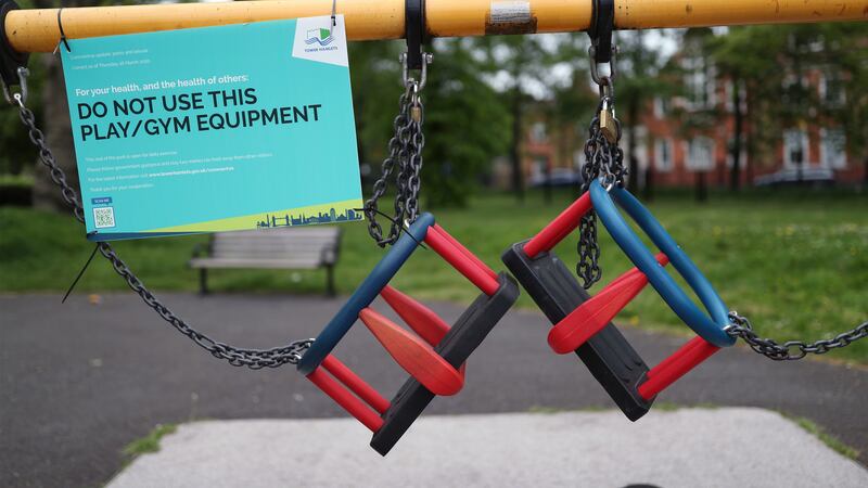 Activity equipment in the children’s playground area of a park in London is closed off during lockdown (Yui Mok/PA)