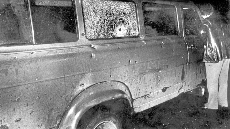 The bullet-riddled minibus at the scene of the 1976 Kingsmill massacre 