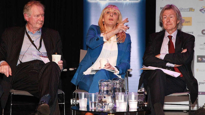 Miriam O'Callaghan speaking at the Belfast media festival held in the Mac yesterday on stage with Roy Greenslade Guardian columnist and lawyer Paul Tweed lawyer. Picture by Bill Smyth