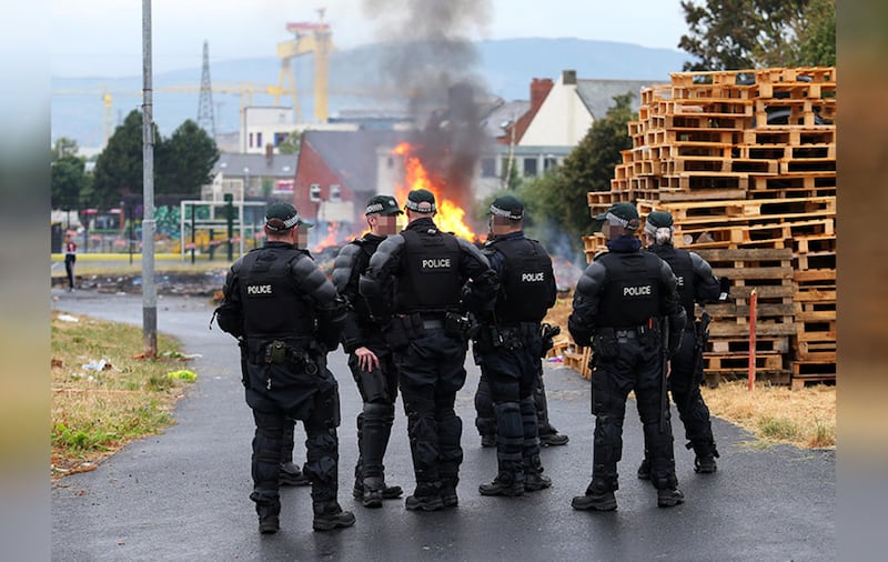 &nbsp;Riot police at Bloomfield Walkway bonfire site. Picture by Mal McCann