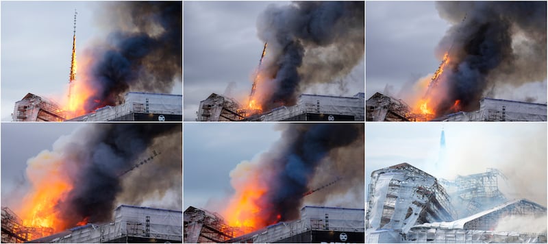 This photo combo shows from top left the progress of the spire collapsing as fire and smoke rise out of the Old Stock Exchange in Copenhagen (Ida Marie Odgaard, Emil Helms/Ritzau Scanpix via AP)