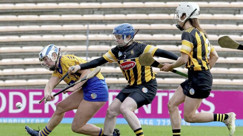 Littlewoods Camogie League Round 3, UPMC Nowlan Park on Sunday February 23 2020: Emma Kavanagh of Kilkenny moves across to cut out a goal-bound shot by Clare&#39;s Eimear Kelly. Picture by &copy;INPHO/Bryan Keane 