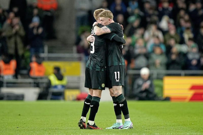 Republic of Ireland&#39;s James McClean (right) is congratulated by team-mate Mark Sykes 