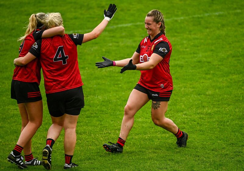 Down players celebrate after their win over Carlow in the TG4 LGFA All-Ireland Junior Championship semi-final at Parnell Park