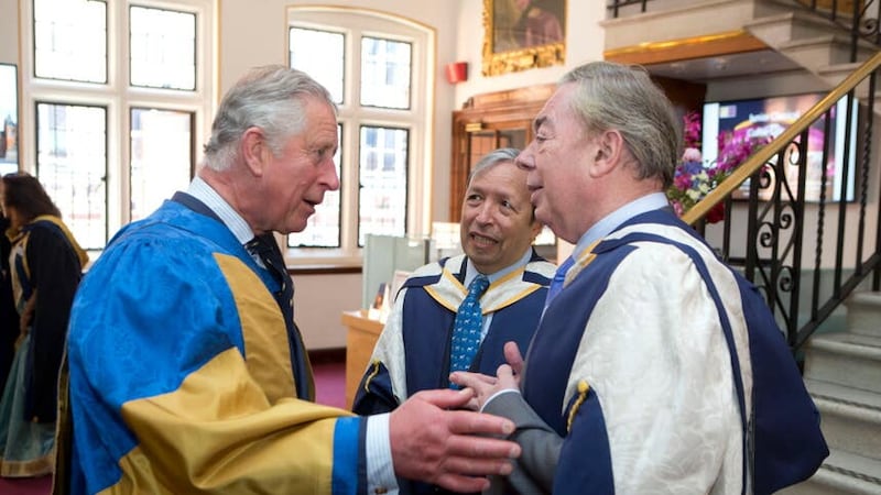King Charles and Lord Andrew Lloyd Webber after he was awarded Doctor of Music during the annual awards ceremony at the Royal College of Music in London (Heathcliff O’Malley/Daily Telegraph/PA)