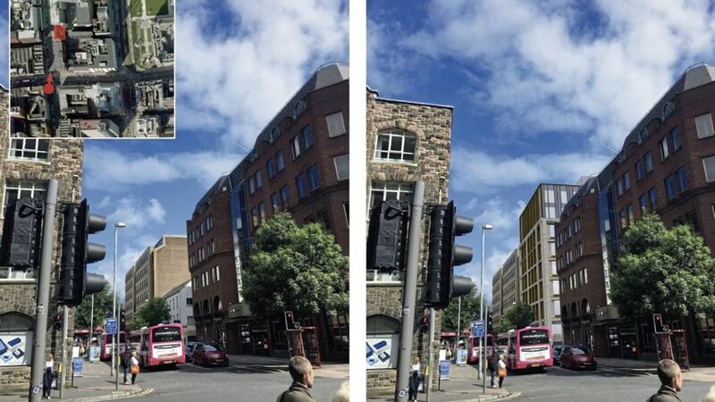 BEFORE AND AFTER...The current site and proposed new office block in Belfast 